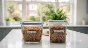 Side-by-side comparison of glass and plastic airtight food storage containers with price labels.