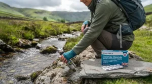 A backpacker filling a water bottle from a British stream before using water purification tablets.