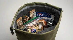 Interior view of a spacious odour-proof bear bag packed with camping rations and cooking gear for a weekend hike.