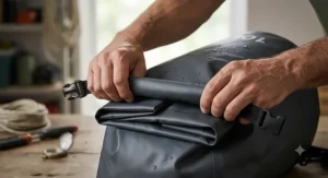 Close-up of hands tightly rolling down the top closure of a dry bag three times before clipping the buckle.