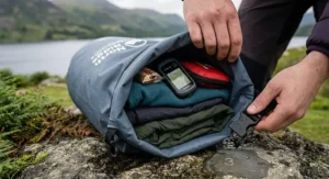 Step-by-step diagram showing how to roll down and buckle a dry bag set for camping to ensure a watertight seal.