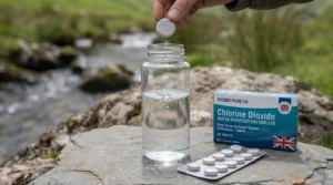 Step-by-step graphic showing a chlorine dioxide tablet being dropped into a camping water bottle.