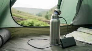 A pair of hands unscrewing the lid of a sleek stainless steel portable UV water purifier to reveal the UV-C sterilisation bulb.