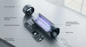 Cross-section illustration showing UV-C light neutralising bacteria and viruses inside a rechargeable water purification bottle.