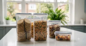 Large airtight storage bins with measuring scoops holding plain flour and caster sugar.