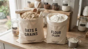 A clear size comparison showing the capacity of a budget food storage sack under £15 filled with flour and oats.
