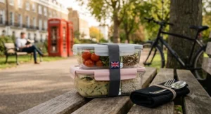 Two-tier glass leakproof stackable food storage containers secured with an elastic strap resting on a wooden park bench with iconic red British telephone boxes blurred in the background.