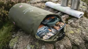 Organised multi-day rations packed inside a lightweight food sack for backpacking.