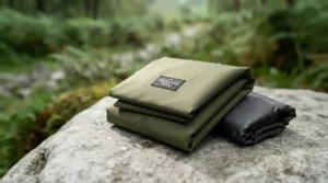 Compact, lightweight odour-proof bear bag folded neatly next to a hiking backpack ready for trail deployment.