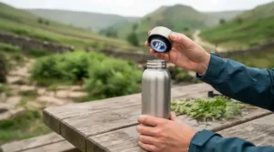 A hiker holding a slim portable UV water purifier next to a trail map and compass on a Lake District walk.