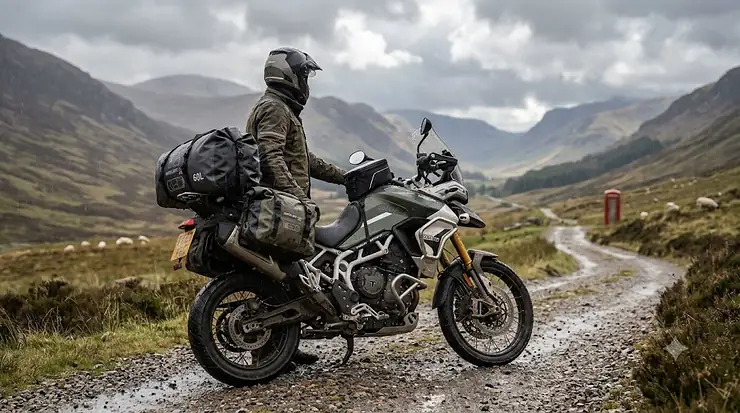 Motorbike fitted with waterproof dry luggage parked at a British scenic lookout in heavy rain. dry bag for motorcycle touring