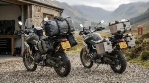 Side-by-side view of a touring motorbike fitted with soft dry bags versus aluminium hard panniers.