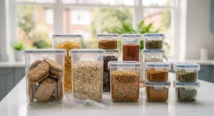 Complete 10-piece set of varied size airtight food storage containers under £20 filled with kitchen staples.