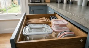Open modern oak kitchen drawer showing space-saving nesting glass stackable food storage containers and lids neatly organised in compartments.