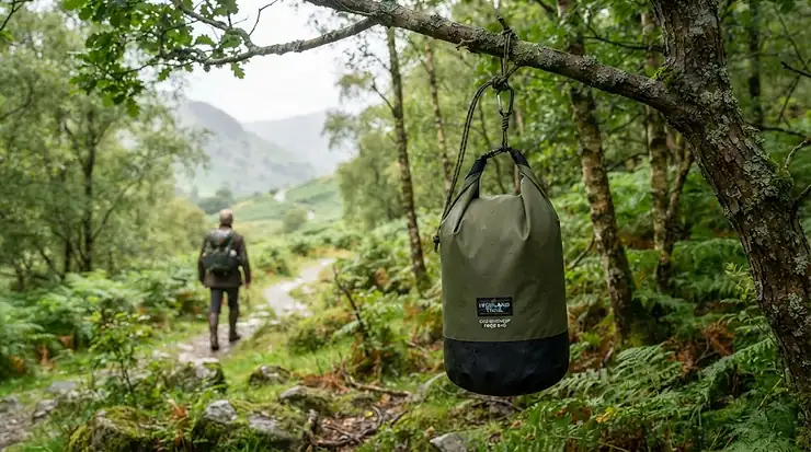 Odour-proof bear bag hanging from a tree branch in a British woodland, designed for secure wild camping and hiking food storage. odour-proof bear bag