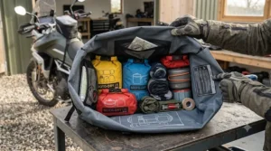 Internal view of a motorcycle dry bag packed with dry sacks, clothes, and camping gear.