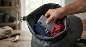 Dry bag packed with a spare fleece, phone case, towel, and packed lunch for a day trip on a river.