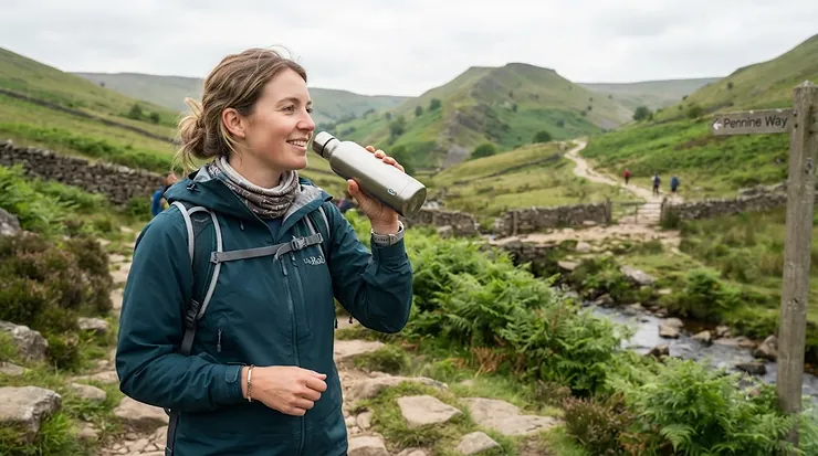 A compact rechargeable portable UV water purifier bottle resting on a rustic wooden camping table, ready for a weekend hike in the British countryside. portable UV water purifier under £80