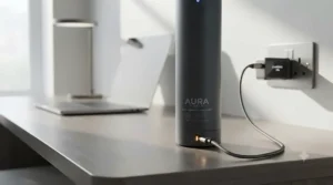 A rechargeable UV water purifier connected to a USB-C cable for quick power-ups at a desk or travel hub.