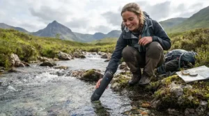 A hiker filling a rechargeable UV water purifier from a clear stream during a walk in the British countryside.