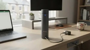 A sleek rechargeable UV water purifier sitting on a wooden desk next to a laptop in a contemporary London office.