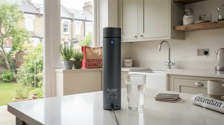 A portable rechargeable UV water purifier standing next to a glass of crystal clear tap water in a modern British kitchen. rechargeable UV water purifier