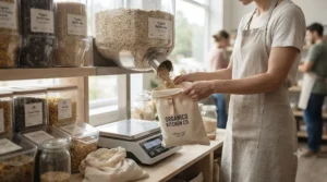 Zero-waste shopping illustration showing a reusable food storage sack under £15 being filled at a local refill shop.