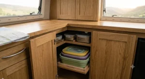 Food storage containers secured with non-slip matting in a camper van cupboard to prevent rattling while driving.