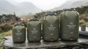 Various sizes of food sacks for backpacking lined up to compare capacities for hiking trips.