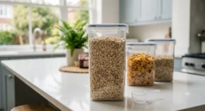 Stackable clear plastic food storage containers storing biscuits and dried lentils on a bright kitchen worktop.