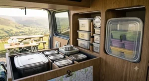Sustainable stainless steel food storage tins packed with snacks for a camper van road trip in the UK countryside.