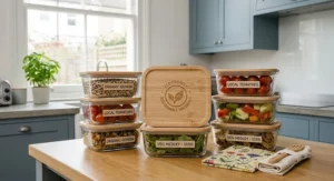 Glass stackable food storage containers with natural eco-friendly bamboo lids filled with fresh organic produce and grains arranged on a wooden kitchen counter.