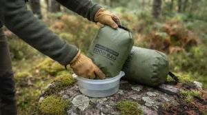 Using a weighted throw pod and reflective cord to set up a bear bag for backpacking in a dense forest canopy