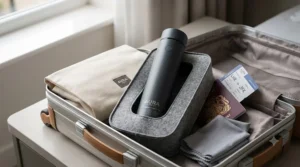 An empty rechargeable UV water purifier packed neatly beside a passport and boarding pass inside a carry-on bag.