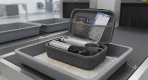 A UV purifier for international travel resting in a security tray alongside cabin luggage at an airport terminal.