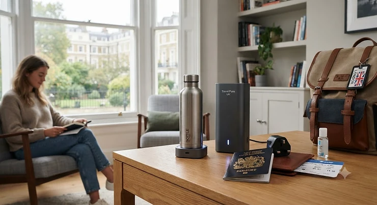 A portable UV purifier for international travel packed neatly next to a passport and adapter on a wooden surface, ready for a trip. UV purifier for international travel