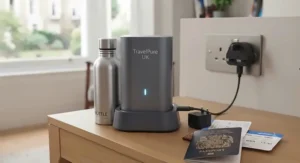 Using a handheld UV purifier to disinfect tap water in a clean hotel room glass before drinking.