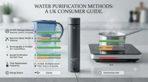 Infographic chart comparing the effectiveness of a rechargeable UV water purifier against standard jug filters and boiling methods.