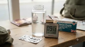 A timer alongside a bottle of treated water waiting for the chlorine dioxide reaction to complete.