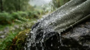 Water droplets beading off the weather-resistant exterior of a locked odour-proof bag during a heavy rain shower.