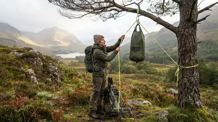 Demonstrating the waterproof roll-top closure on a heavy-duty dry bag used as a bear bag for backpacking in wet weather bear bag for backpacking