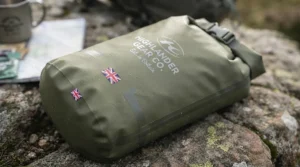 Close-up of a durable, waterproof food sack for backpacking showing taped seams and rugged material.