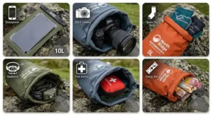 Close-up technical diagram highlighting taped seams and durable ripstop fabric on a waterproof dry bag set.