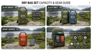 Wild camping scene showing dry bags protecting essential sleeping kit inside a tent during heavy British rain.