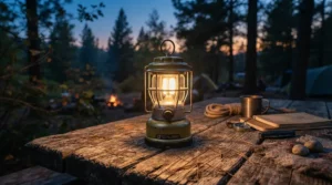 An affordable gas camping lantern sitting on a wooden picnic table at a campsite in Scotland.