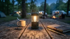 An affordable LED camping lantern resting on a weathered wooden picnic table at a rural campsite in Scotland.