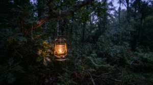 A bright LED camping lantern suspended from an oak tree branch, illuminating a campsite prep area at dusk.