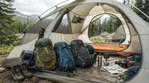 A budget rechargeable camping lantern providing light for a family tent setup.