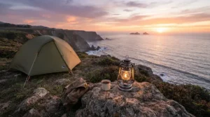 A butane camping lantern casting a warm glow on a coastal cliff pitch during a windy evening hike.