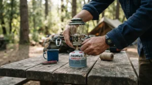 A butane camping lantern being attached to a threaded fuel canister at a campsite cooking station.